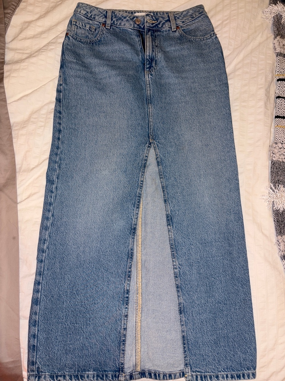 Dynamite Straight-Leg Blue Denim Skirt with Front Center Slit